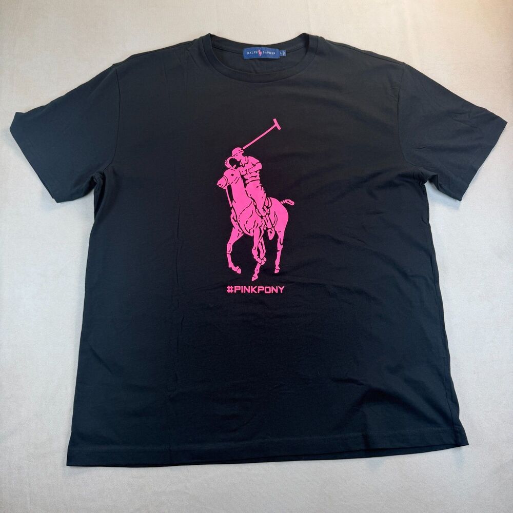 Ralph Lauren Pink Pony Walk T Shirt Large Black Pink Graphic Breast Cancer Tee